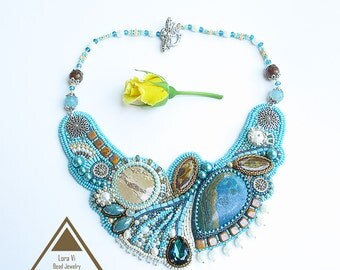 Bead embroidery necklace turquoise asymmetrical necklace OOAK beadwork designer jewellery blue butterfly unique art jewelry seascape wave