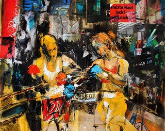 Collage art, Giclee art print, Modern wall art print, Women Boxing, Figurative art print, Mixed media artwork, Colorful Wall decor print