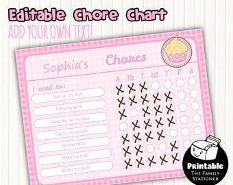 Cupcake Printable Chore Chart, Editable Chore Chart For Children, Fillable PDF, Instant Download, Pink Gingham Cupcake Printable, TFS/CR002