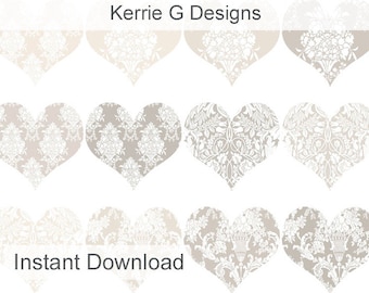 Heart Clipart - Damask Hearts - Printable Hearts - Pale Damask Hearts Clip Art (HC1)