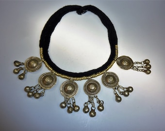 Kuchi Tribal Necklace with Metallpendants, Tribal Black Cord Necklace