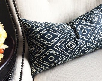 Blue lumbar pillow cover, Ikat cushion case, Dark blue pillow, small pillow cover, 12 x 18 inches, 12 x 20 inch pillow