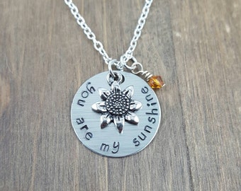 You Are My Sunshine Necklace - Hand stamped Sunflower Necklace - Swarovski Crystal Birthstone Necklace - Little Girl/Mom Necklace