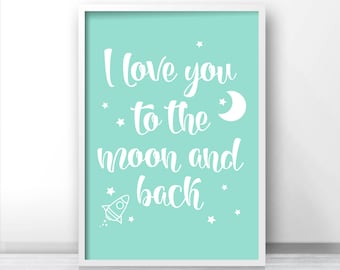 I Love You To The Moon And Back Wall Art mint green gray nursery wall art moon and stars nursery I Love You To The Moon And Back Wall Art mint green gray nursery wall art moon and stars nursery