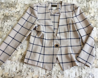 SALE Vintage plaid blazer. 1980's plaid blazer. Tan coat. Navy plaid jacket. Suit coat blazer. Vintage 80s blazer. 1980s jacket. Size 8.