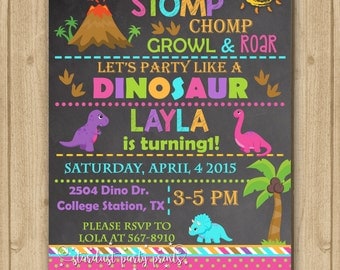 Girl Dinosaur Invitation, Girl Dinosaur Birthday Invitation, Girl Dinosaur Chalkboard Invitation, Dinosaur Invitation