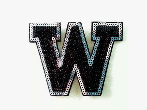 Alphabet Letter W Iron on Patch Black Sequin W Glitter