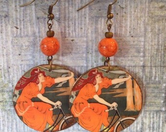 Upcycled Vintage Omnium Bicycle Print Earrings, paper and cardboard decoupage