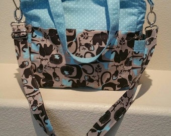SALE: Blue and Polka Dot Elephant/Jungle Handmade Blue/Gray/Black Diaper Bag