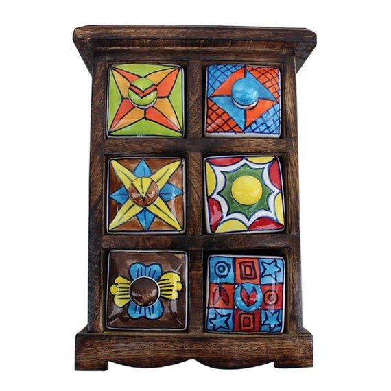 IndianShelf Ceramic Wooden Spice Box Handmade by on Etsy