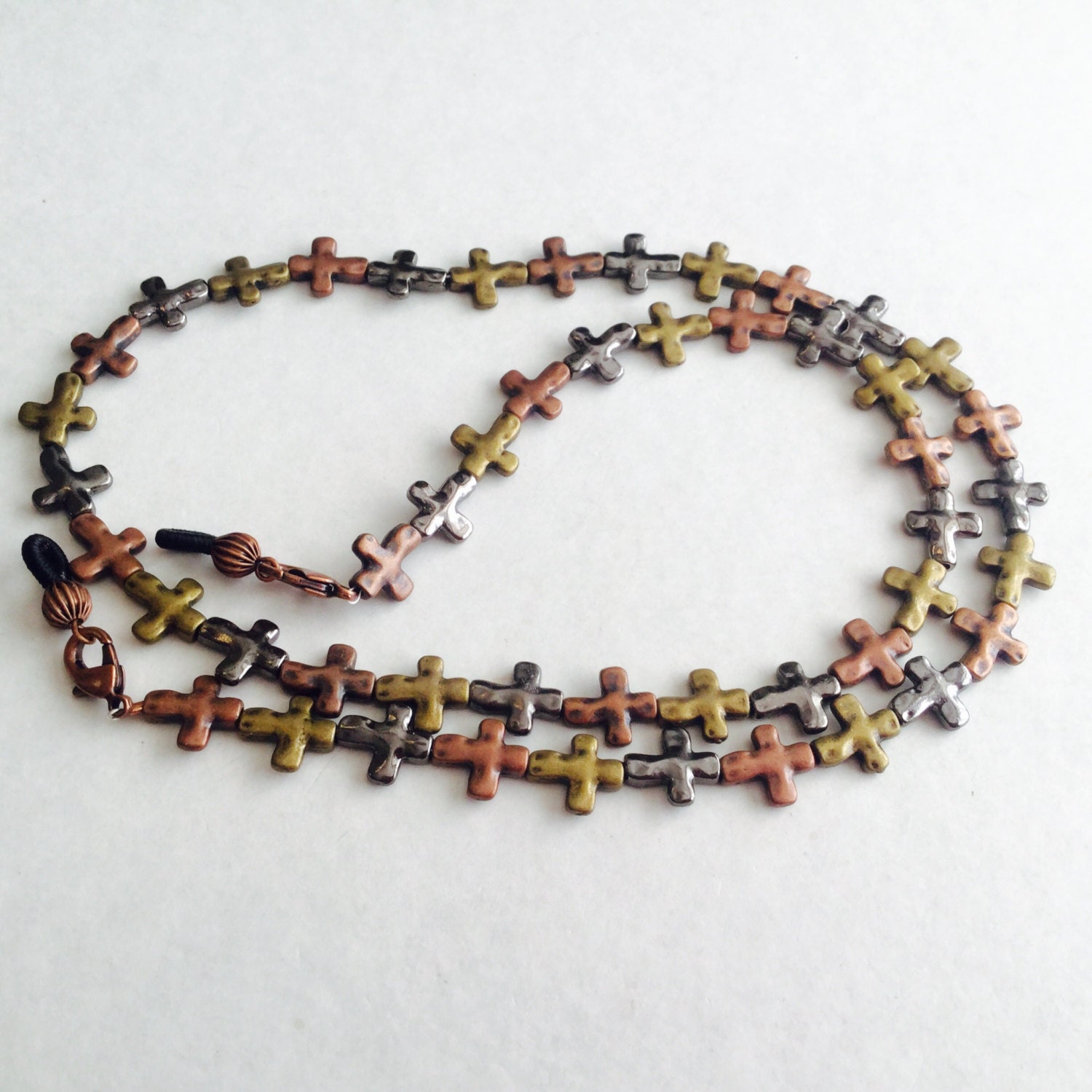 Handmade copper and brass cross eyeglass chain holder