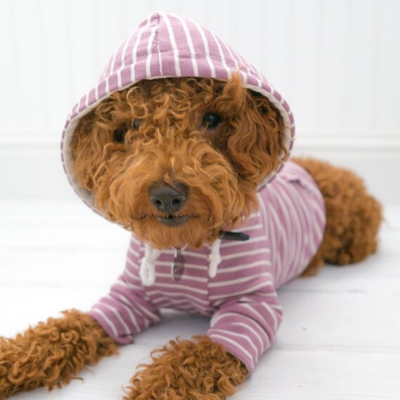 Dog Clothes, Mauve Stripe Hoodie with Pom Pom and Pocket