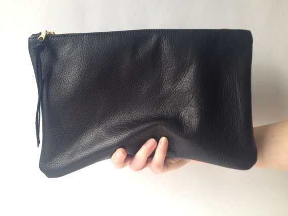 Black Leather Clutch. Large Leather Pouch. by JulietteRoseDesigns