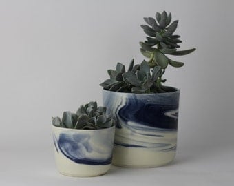 PLANTER SET Small and Medium. Indigo Marbled Ceramic/Pottery Bowl/Planter