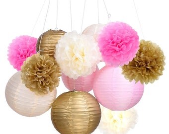 Set of 12 Mixed Gold Pink Ivory Tissue Paper Pom Poms Flower Paper Lanterns Wedding Birthday Girl Baby Shower Party Decoration