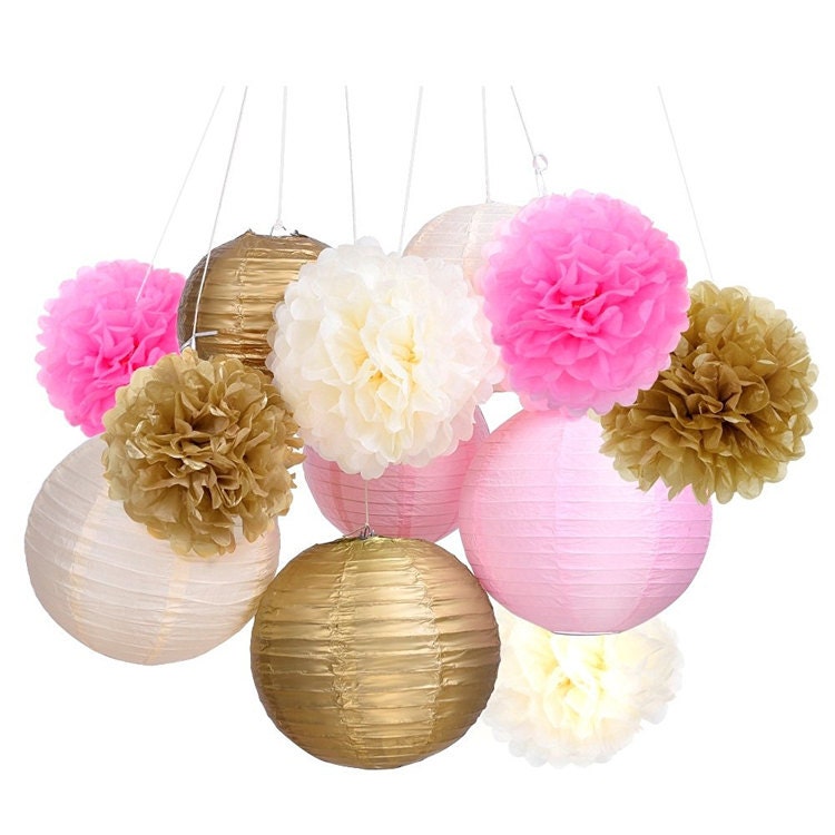 Set of 12 Mixed Gold Pink Ivory Tissue Paper Pom Poms Flower