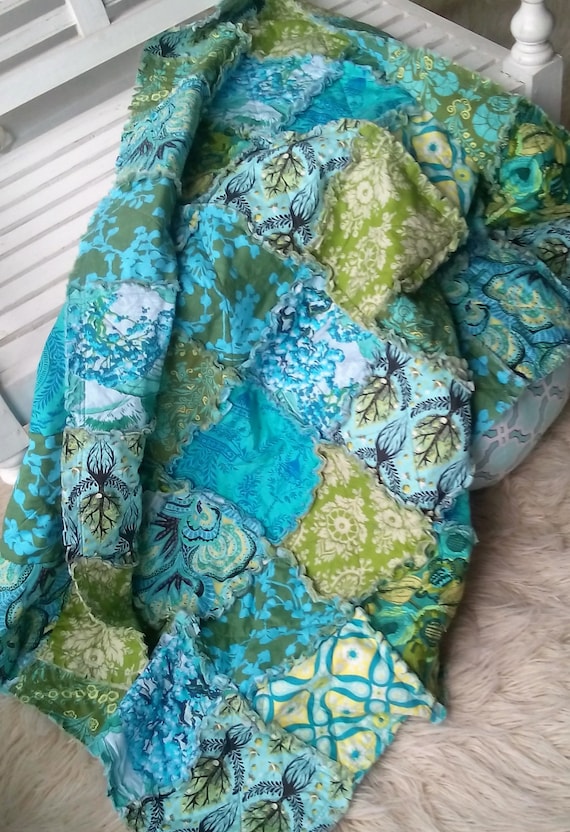 Turquoise and Moss Green Rag Quilt Throw Handmade Teal Cobalt