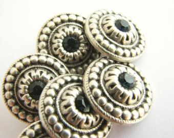 Silver metal buttons with rhinestone in turquoise blue, metal shank button, 18.5 mm / 3/4", new!
