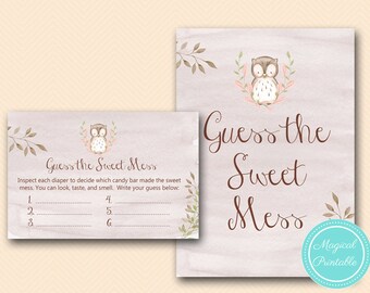 Guess the Sweet Mess, Dirty Diaper, Chocolate Bar Game, Owl Baby Shower Game, Woodland Baby Shower, Owl Baby Shower TLC401 MB