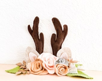 Woodland Neutral Floral Headband, Felt Deer Ears Flower Headband, Boho Floral Headband, Bambi Costume, Photo Prop