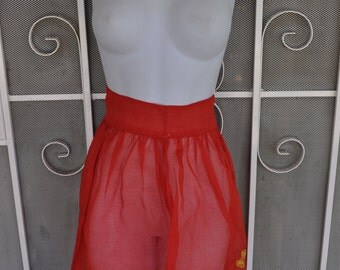 Vintage 1950s Red Apron with Embroidered Butterfly and Flowers