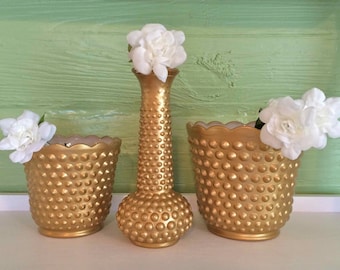 Gold Home Decor, Gold Vases, Gold Milk Glass, Gold Planter, Hobnail Milk Glass, Gold Planter, Gold Bud Vase
