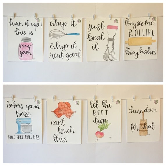 SET OF FOUR Watercolor Kitchen Puns please read item