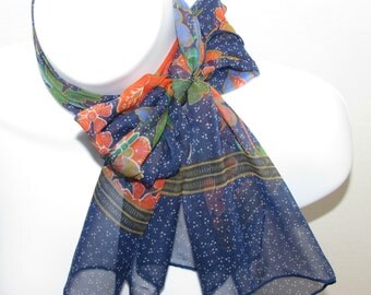 Vintage Sheer Long Scarf, Blue Orange Green White, Flowers Butterflies Birds & Dots, Poppies Daffodils Jonquils, fashion Accessory