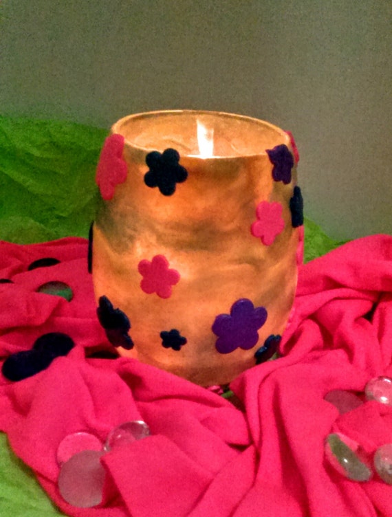 Polymer clay candle holder lime green flowers by Merriebethplace