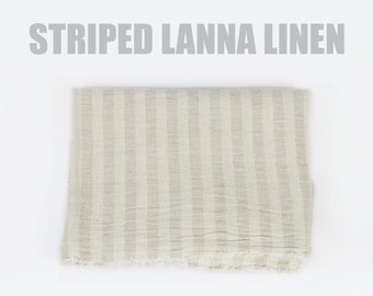100% Organic Striped Linen Blend - Natural Soft Linen & Cotton Fabric, Organic Fabric, Natural Fabric Cream Fabric Light Stripe Thai Textile