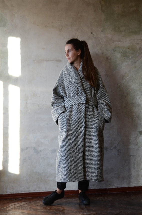 Womens Wool Coat Black and White Coat Autumn Overcoat by DALEKO