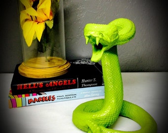 striking coiled snake statue hand painted bright green tabletop replica rattlesnake