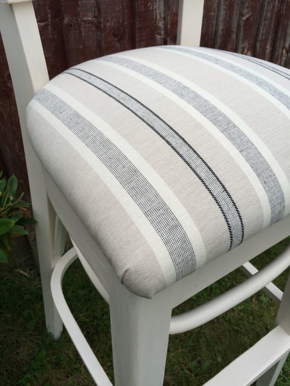 Cream Painted Kitchen Chairs With Striped Ticking Style Fabric - High Kitchen Bar Chairs / Tall Kitchen Bar Stools / Kitchen Bar Stools
