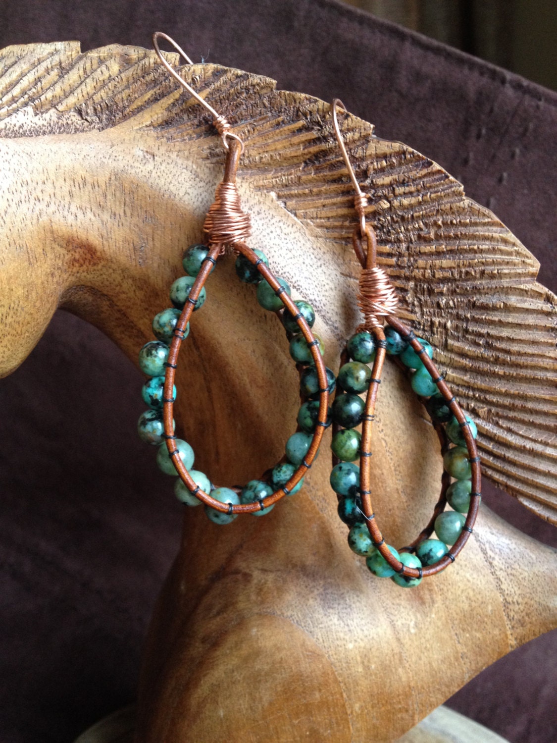 African Turquoise Earrings Copper wire wrap by KarenMSmithDesigns