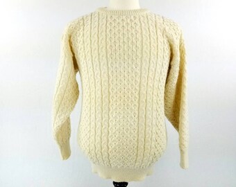 Irish Fisherman Sweater, Alpaca Wool Sweater, Oversized Cream Cable Knit Sweater, Slouchy White Sweater, Loose Knit, Vintage Mens Small