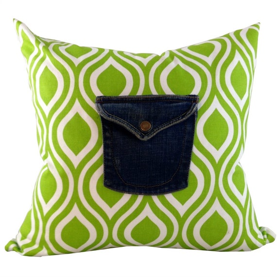 Bright Green Ikat Pillow Cover , Shabby Chic Pillow, Denim Pillow, 16 x 16, 18 x 18, 20 x 20