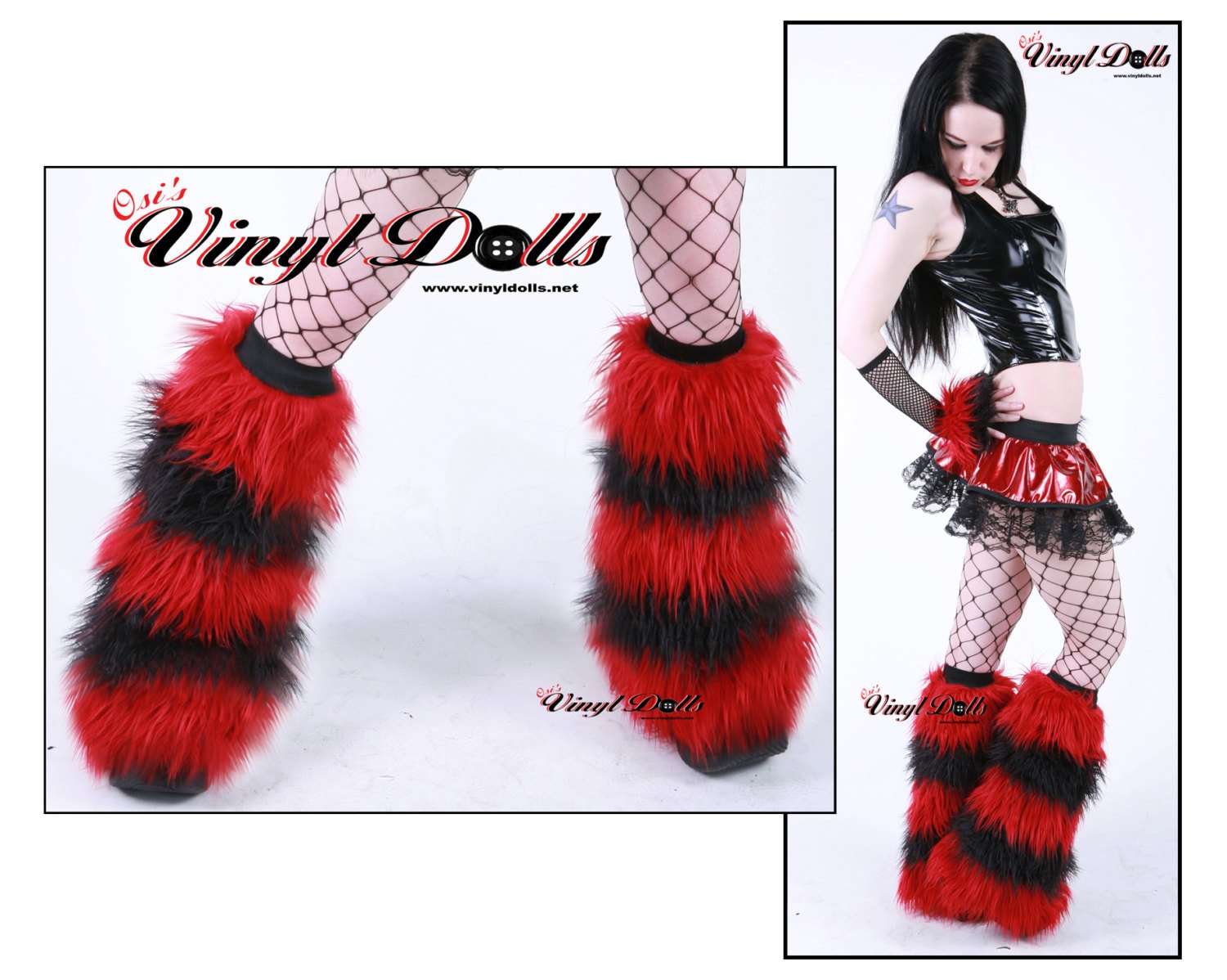 Striped Black Deep Red Fluffies Cyber Goth Furry Leg Warmers