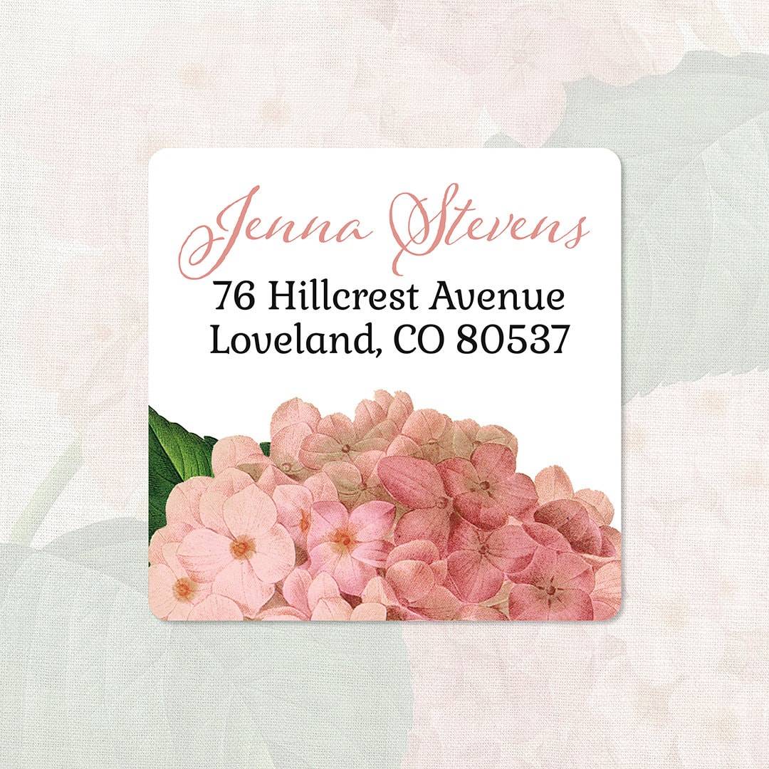 personalized return address label - PINK HYDRANGEA FLOWER - square label - address sticker - set of 48