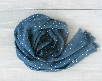 Softened linen scarf. Long. Blue with dots. Linen scarves for women. Blue linen scarves. Navy linen scarves. Stone washed. Long linen scarf.