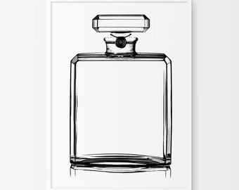 Coco Chanel Perfume Print, N5 Fashion Art, French Decor, Vanity Decor, French Wall Art, Perfume Poster, Drawing Coco Chanel Perfume Bottle