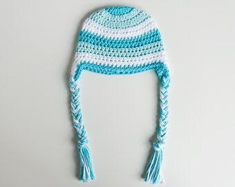 3-6 Mos. Blue, Aqua & White Baby Girl or Boy Earflap Hat