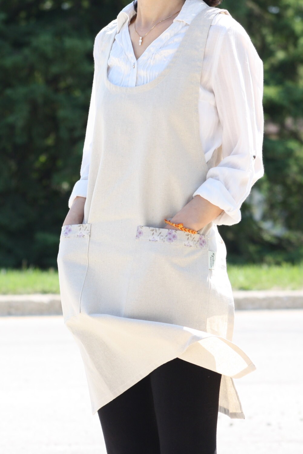 Beige Color Linen Apron Dress Pinafore Apron Full Apron