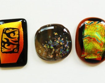 3 black gold brown cabochons, made from fused dichroic glass