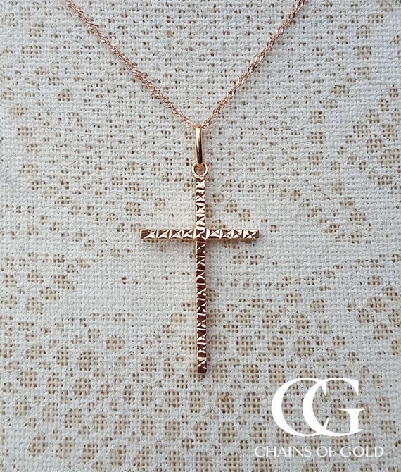 Fine 9ct Rose Gold Cross Necklace with a Hammered Finish