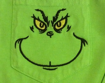 Grinch embroidery pocket tee on long sleeve/short sleeve port authority pigment dyed shirts