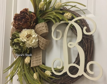 Neutral Front Door Wreath, Monogram Wreath, Front Door Decor, Neutral Tone Wreath