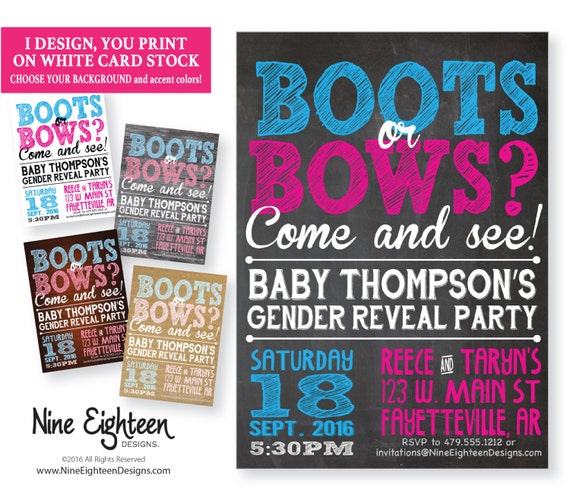 Boots or Bows Baby Gender Reveal INVITATION. by NineEighteenBaby