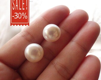 On Sale! 12-13MM Genuine Pearl Earring Studs, AAA Akoya Quality Huge FreshWater Real Pearls In Sterling Silver Earring, Holiday Gift