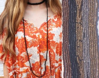small beaded double wrap necklace (neutrals), beaded necklace, choker necklace, boho beaded necklace, long necklace, black wrap necklace