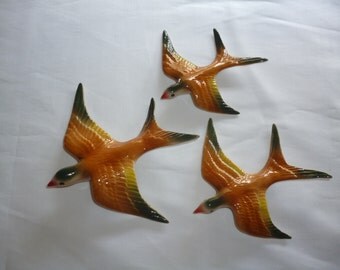 Ceramic flying swallows . Wall hanging .